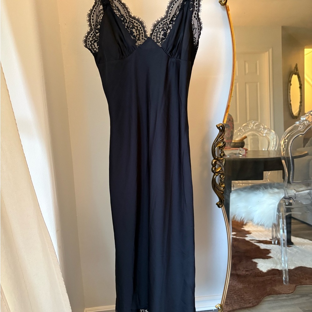 La Vie En Rose Black Satin With Lace Trim Slip Dress